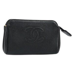 CHANEL Pouch Grained Calf Skin Black Gold CC Auth bs31451
